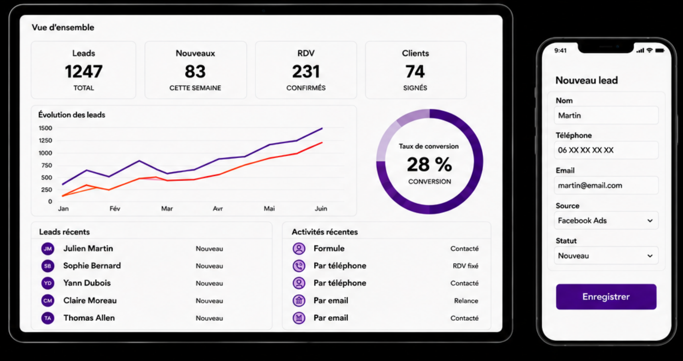 Aperçu du CRM Com'Etik sur ordinateur et mobile